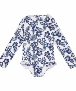 Discount 🔔 Hibiscus Long Sleeve 🩱 Swimsuit Navy blue the new society Fashion Teen, Children ❤️