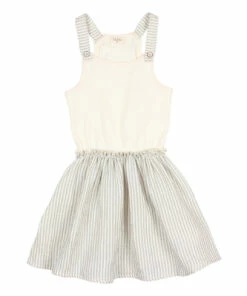 Flash Sale 🤩 Organic Cotton Striped Dual-Material 👗 Dress Ecru Búho Fashion Children ⭐